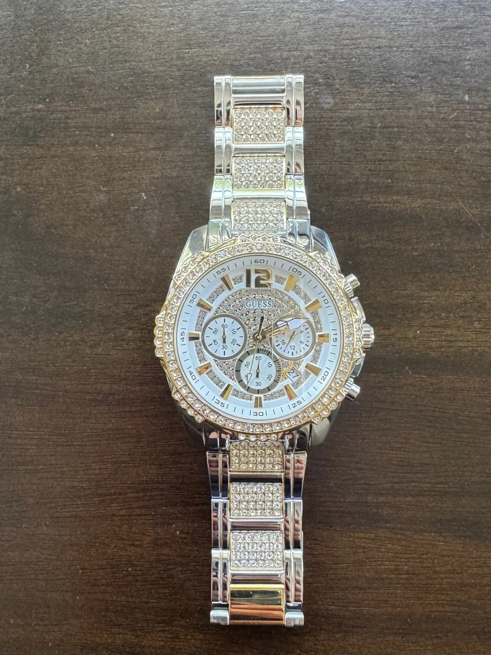 NEW GUESS Men’s Crystal Multifunction Watch Silver Gold Dress Watch
